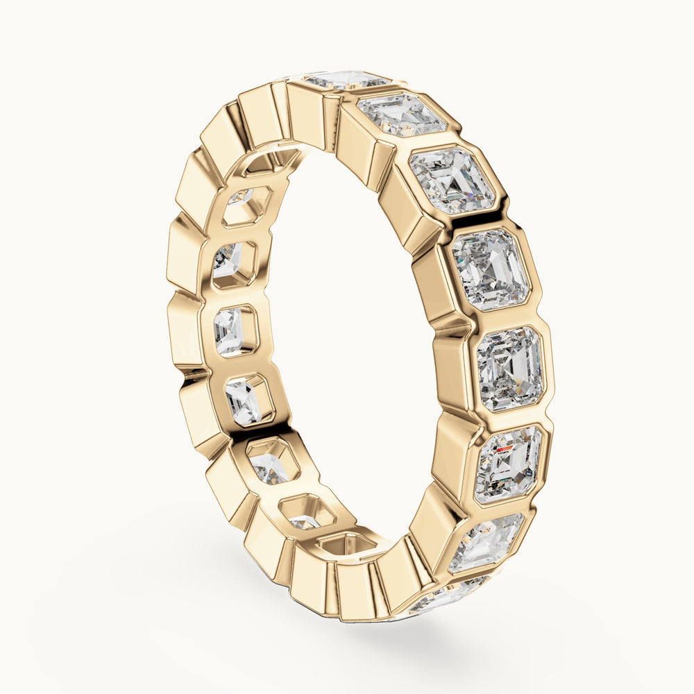 Square emerald-cut lab-grown diamond bezel-set full eternity band in yellow gold, 3.60 CT TW, view 1