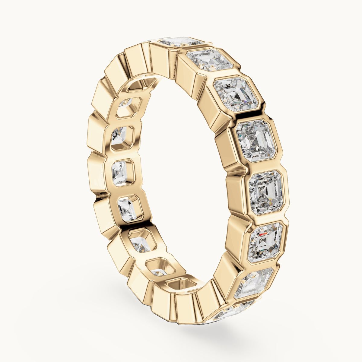 Square emerald-cut lab-grown diamond bezel-set full eternity band in yellow gold, 3.60 CT TW, view 1