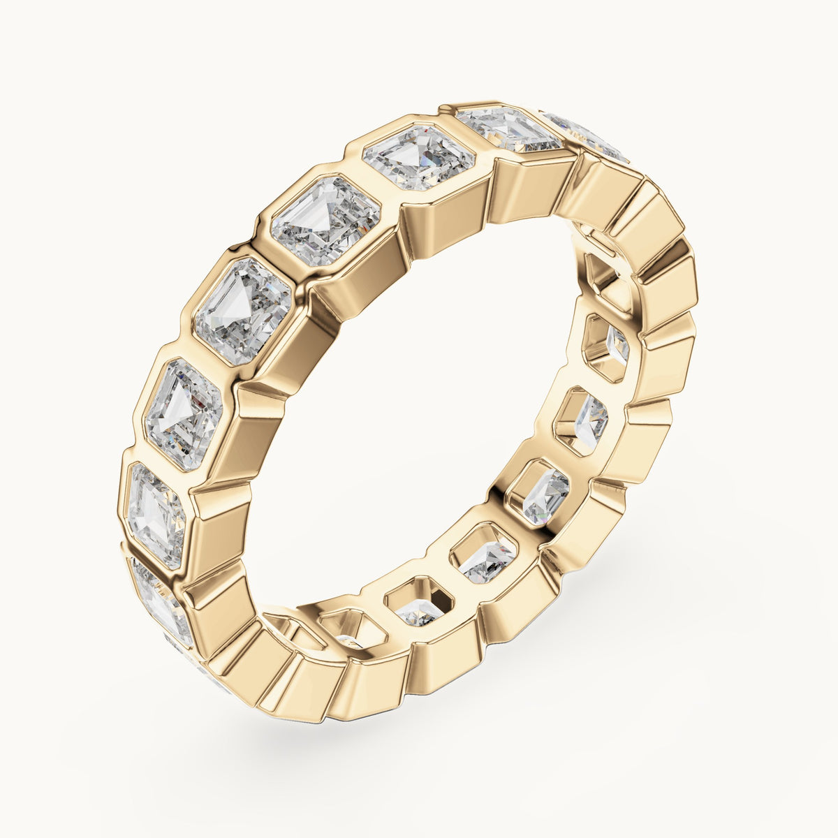 Square emerald-cut lab-grown diamond bezel-set full eternity band in yellow gold, 3.60 CT TW, view 2