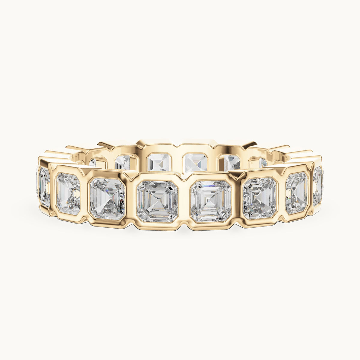 Square emerald-cut lab-grown diamond bezel-set full eternity band in yellow gold, 3.60 CT TW, view 3