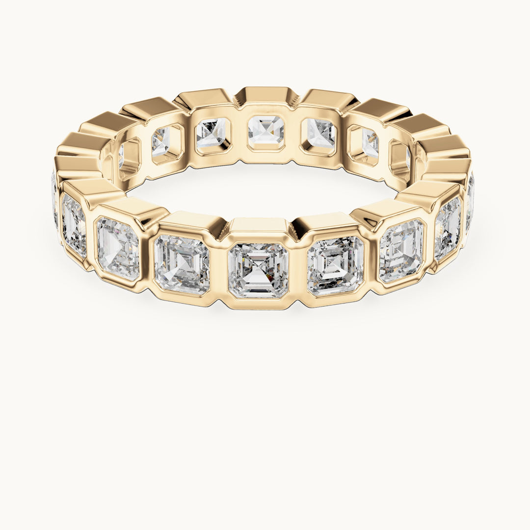 Square emerald-cut lab-grown diamond bezel-set full eternity band in yellow gold, 3.60 CT TW, view 4
