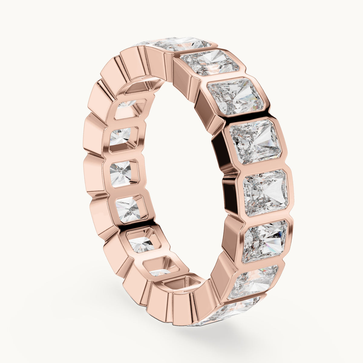 Radiant-cut lab-grown diamond bezel-set full eternity band in rose gold, 3.24 CT TW, view 1