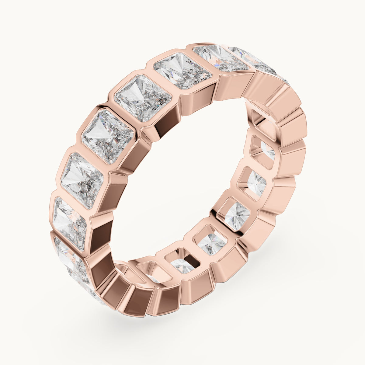 Radiant-cut lab-grown diamond bezel-set full eternity band in rose gold, 3.24 CT TW, view 2