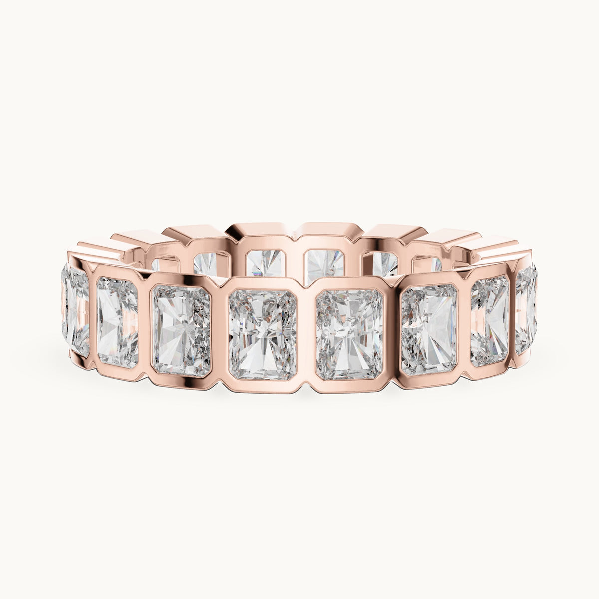 Radiant-cut lab-grown diamond bezel-set full eternity band in rose gold, 3.24 CT TW, view 3