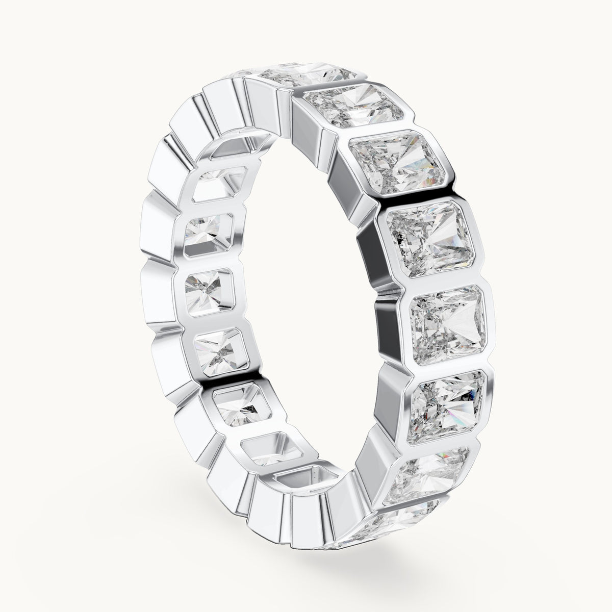 Radiant-cut lab-grown diamond bezel-set full eternity band in white gold, 3.24 CT TW, view 1
