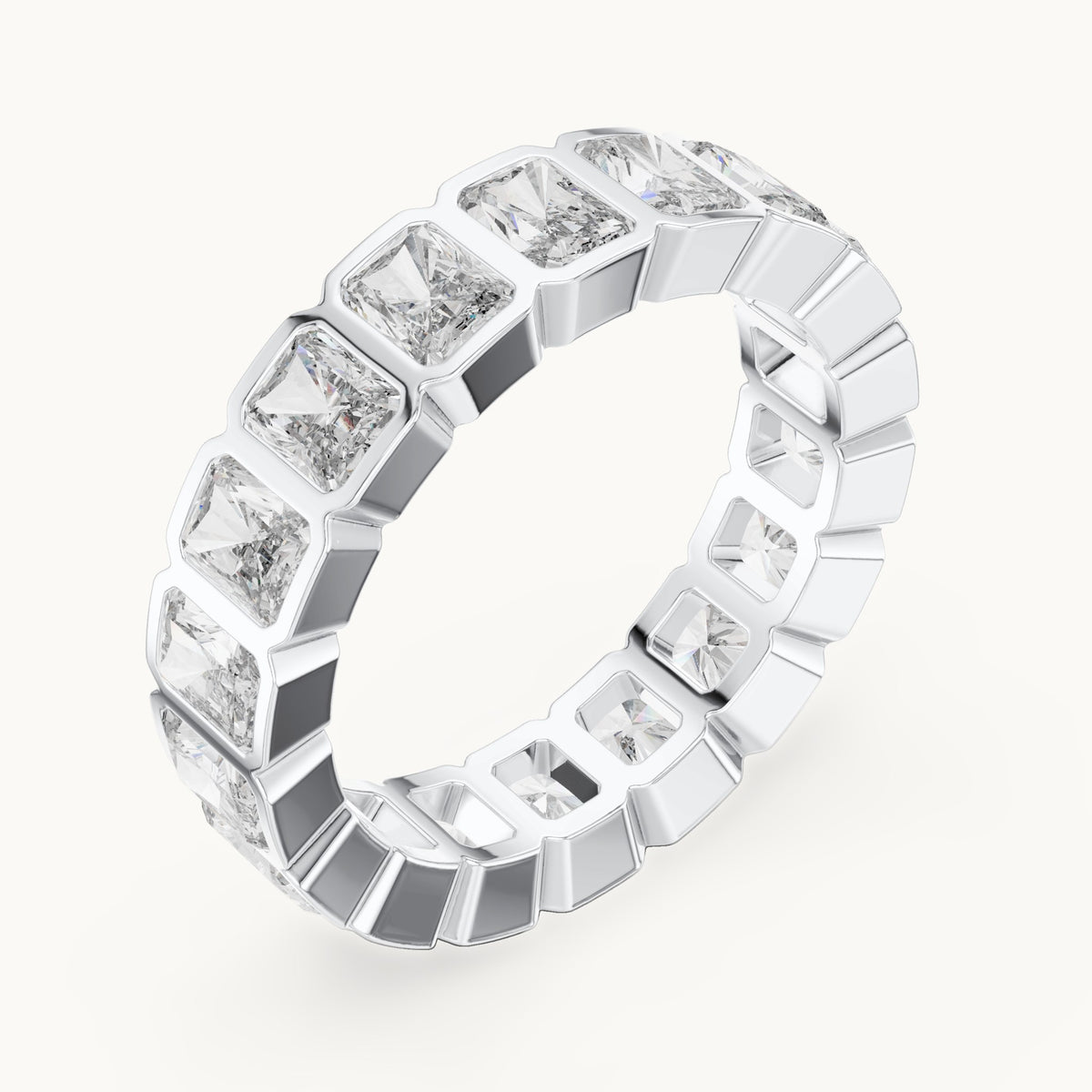 Radiant-cut lab-grown diamond bezel-set full eternity band in white gold, 3.24 CT TW, view 2