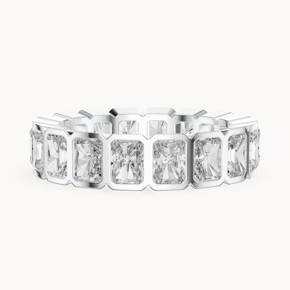 Radiant-cut lab-grown diamond bezel-set full eternity band in white gold, 3.24 CT TW, view 3