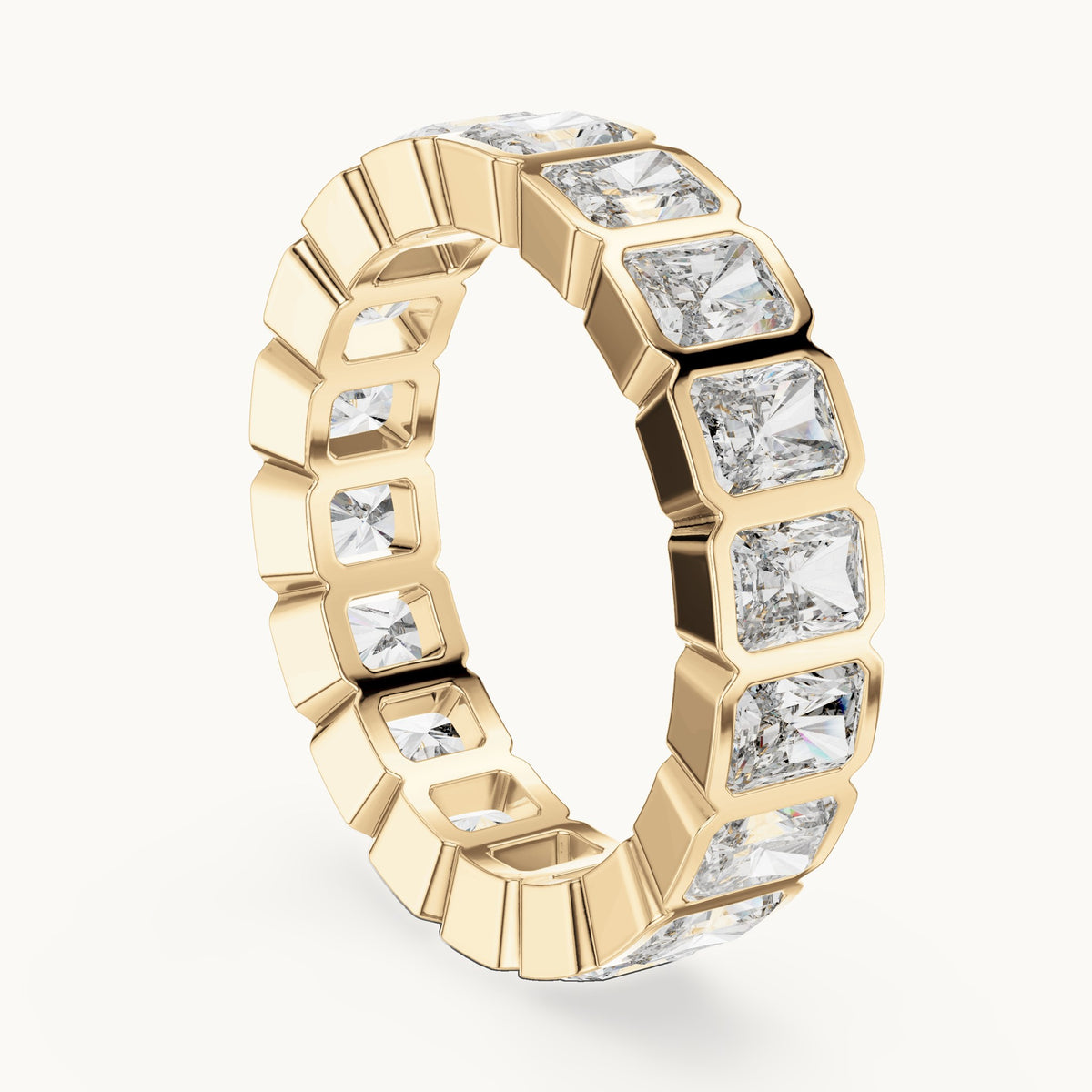 Radiant-cut lab-grown diamond bezel-set full eternity band in yellow gold, 3.24 CT TW, view 1