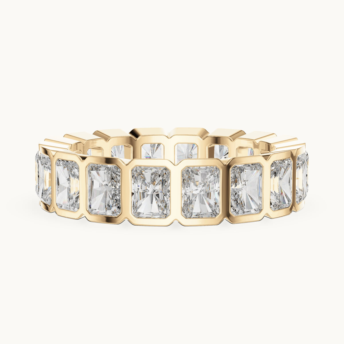 Radiant-cut lab-grown diamond bezel-set full eternity band in yellow gold, 3.24 CT TW, view 3