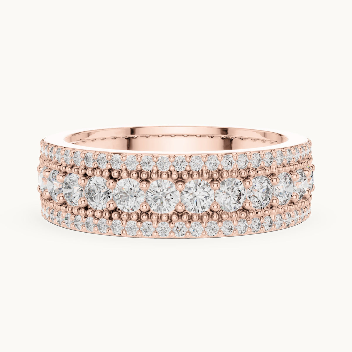 Round lab-grown diamond three-row milgrain full eternity band in rose gold, 1.86 CT TW, view 3