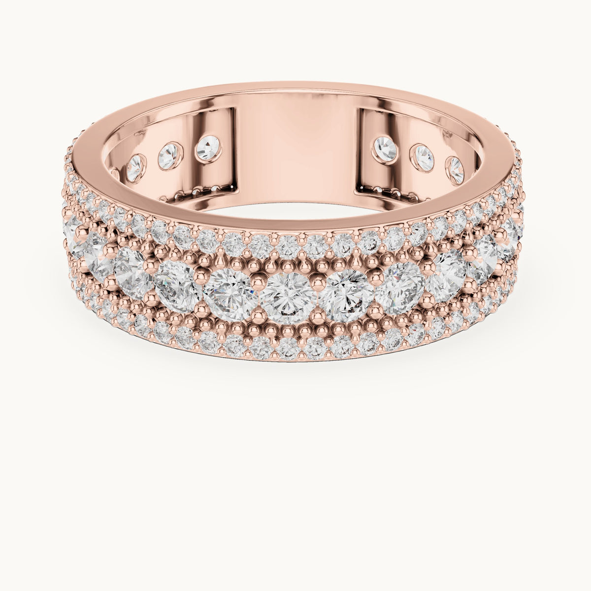 Round lab-grown diamond three-row milgrain full eternity band in rose gold, 1.86 CT TW, view 4