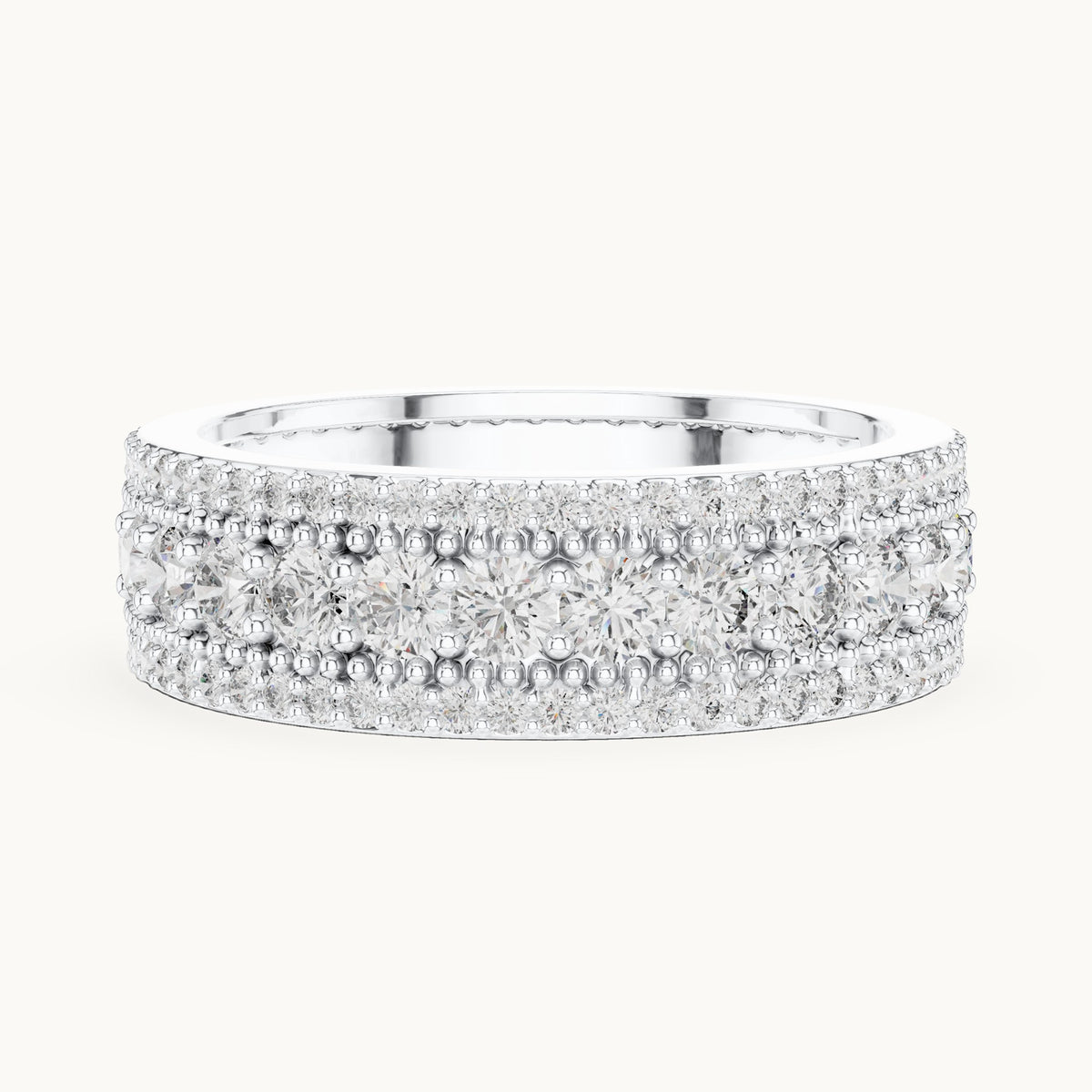 Round lab-grown diamond three-row milgrain full eternity band in white gold, 1.86 CT TW, view 3