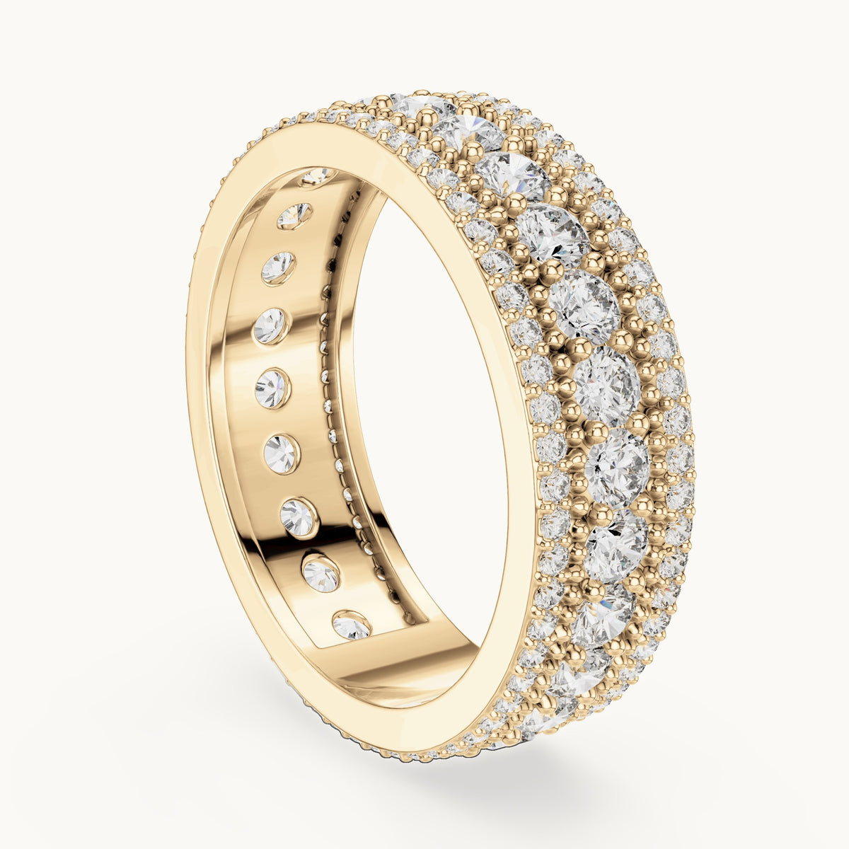 Round lab-grown diamond three-row milgrain full eternity band in yellow gold, 1.86 CT TW, view 1
