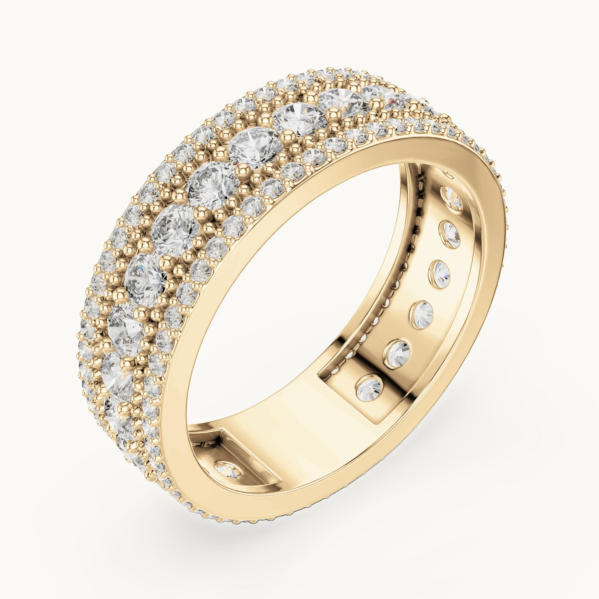 Round lab-grown diamond three-row milgrain full eternity band in yellow gold, 1.86 CT TW, view 2