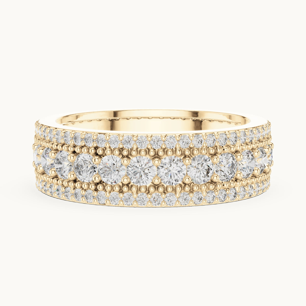 Round lab-grown diamond three-row milgrain full eternity band in yellow gold, 1.86 CT TW, view 3