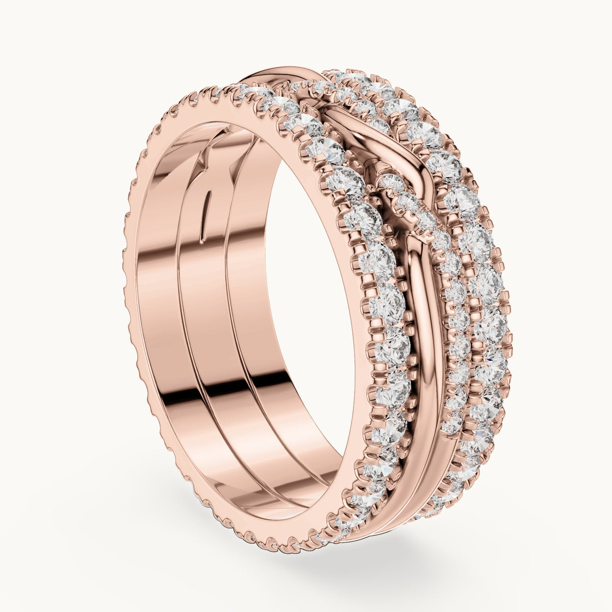 Round lab-grown diamond triple-row twist full eternity band in rose gold, 1.411 CT TW, view 1