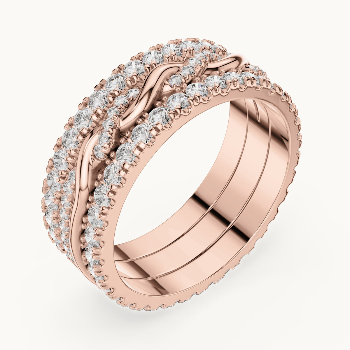 Round lab-grown diamond triple-row twist full eternity band in rose gold, 1.411 CT TW, view 2