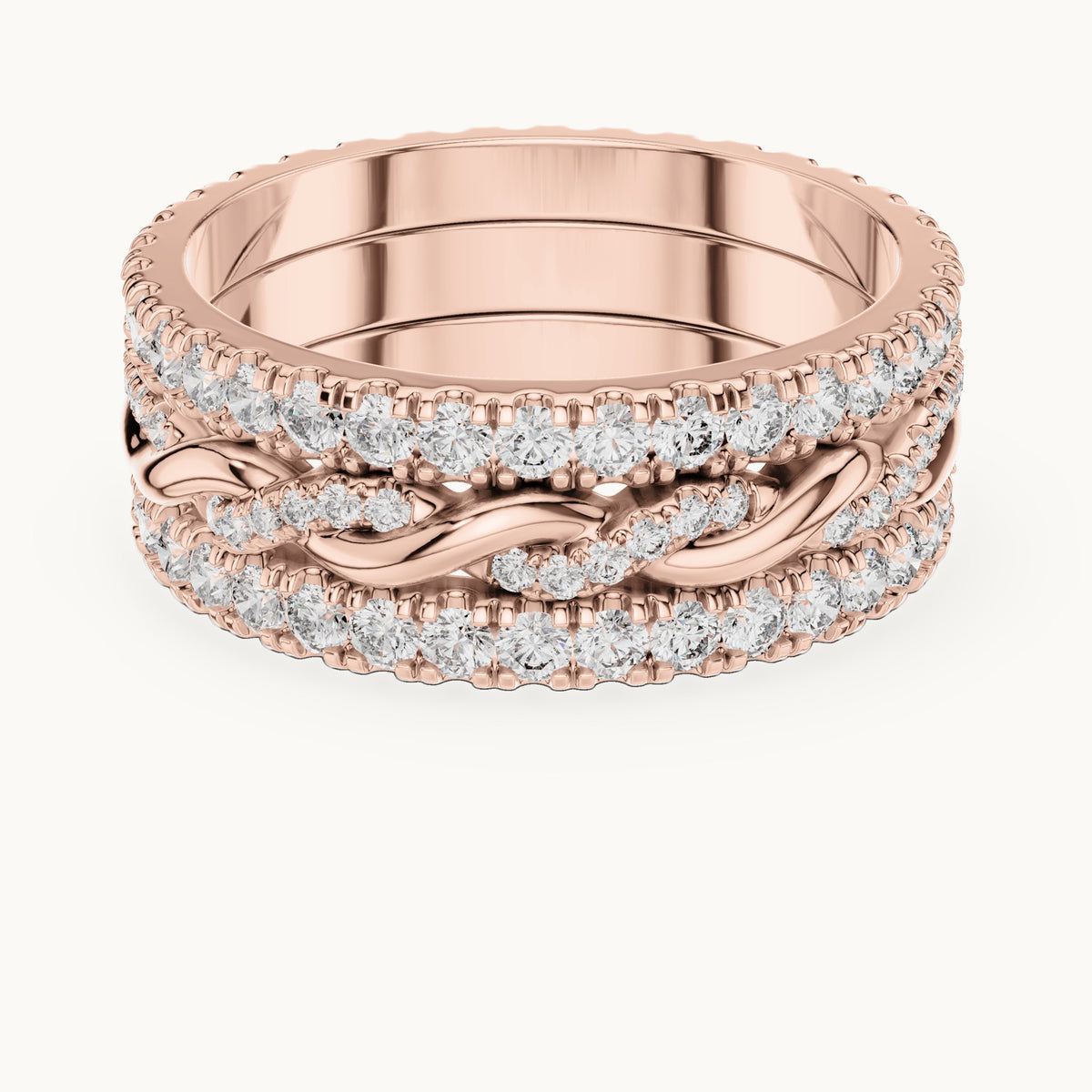Round lab-grown diamond triple-row twist full eternity band in rose gold, 1.411 CT TW, view 4