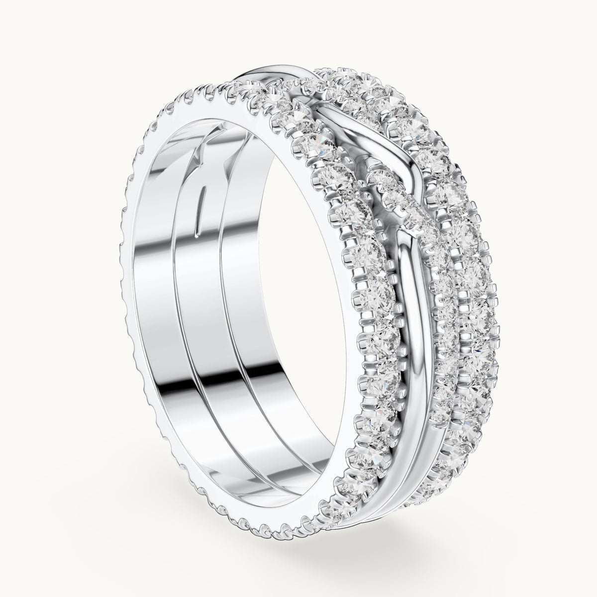 Round lab-grown diamond triple-row twist full eternity band in white gold, 1.411 CT TW, view 1