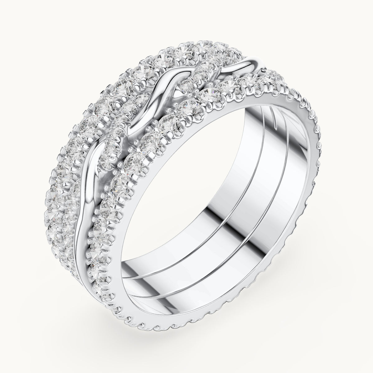 Round lab-grown diamond triple-row twist full eternity band in white gold, 1.411 CT TW, view 2