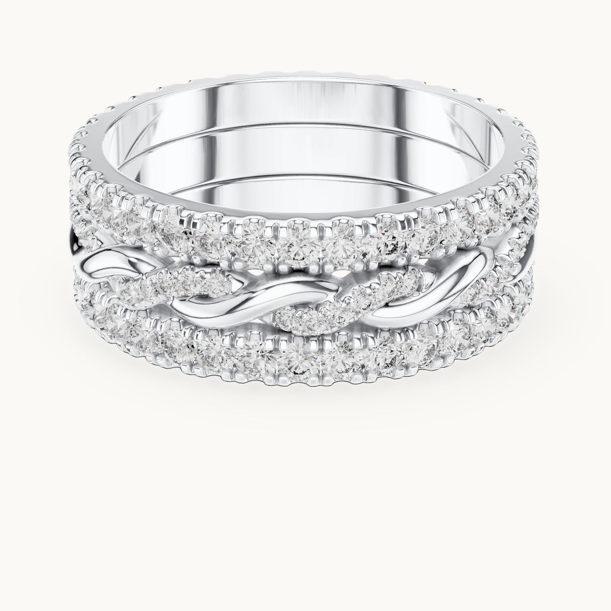 Round lab-grown diamond triple-row twist full eternity band in white gold, 1.411 CT TW, view 4