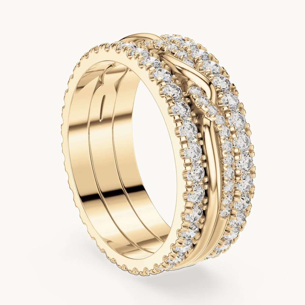 Round lab-grown diamond triple-row twist full eternity band in yellow gold, 1.411 CT TW, view 1