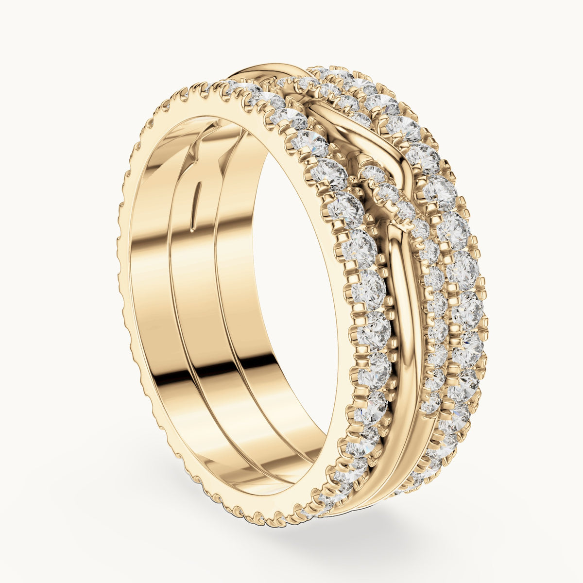 Round lab-grown diamond triple-row twist full eternity band in yellow gold, 1.411 CT TW, view 1