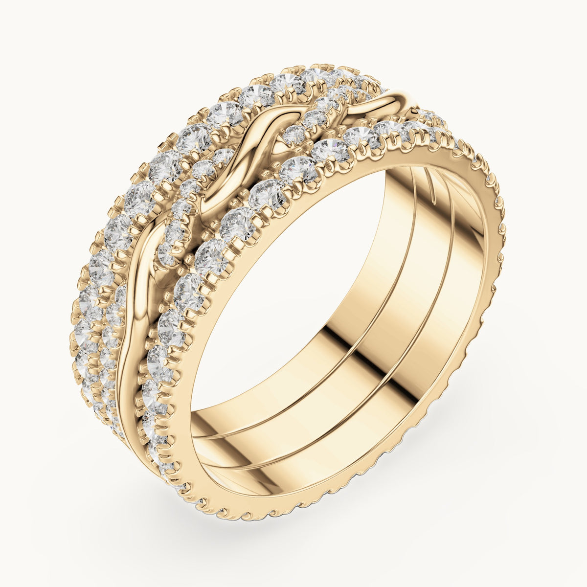 Round lab-grown diamond triple-row twist full eternity band in yellow gold, 1.411 CT TW, view 2