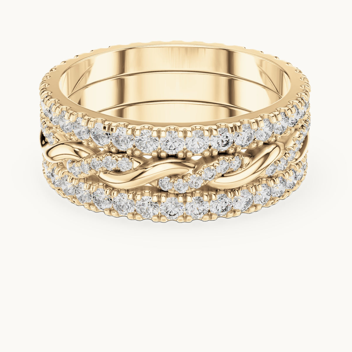 Round lab-grown diamond triple-row twist full eternity band in yellow gold, 1.411 CT TW, view 4