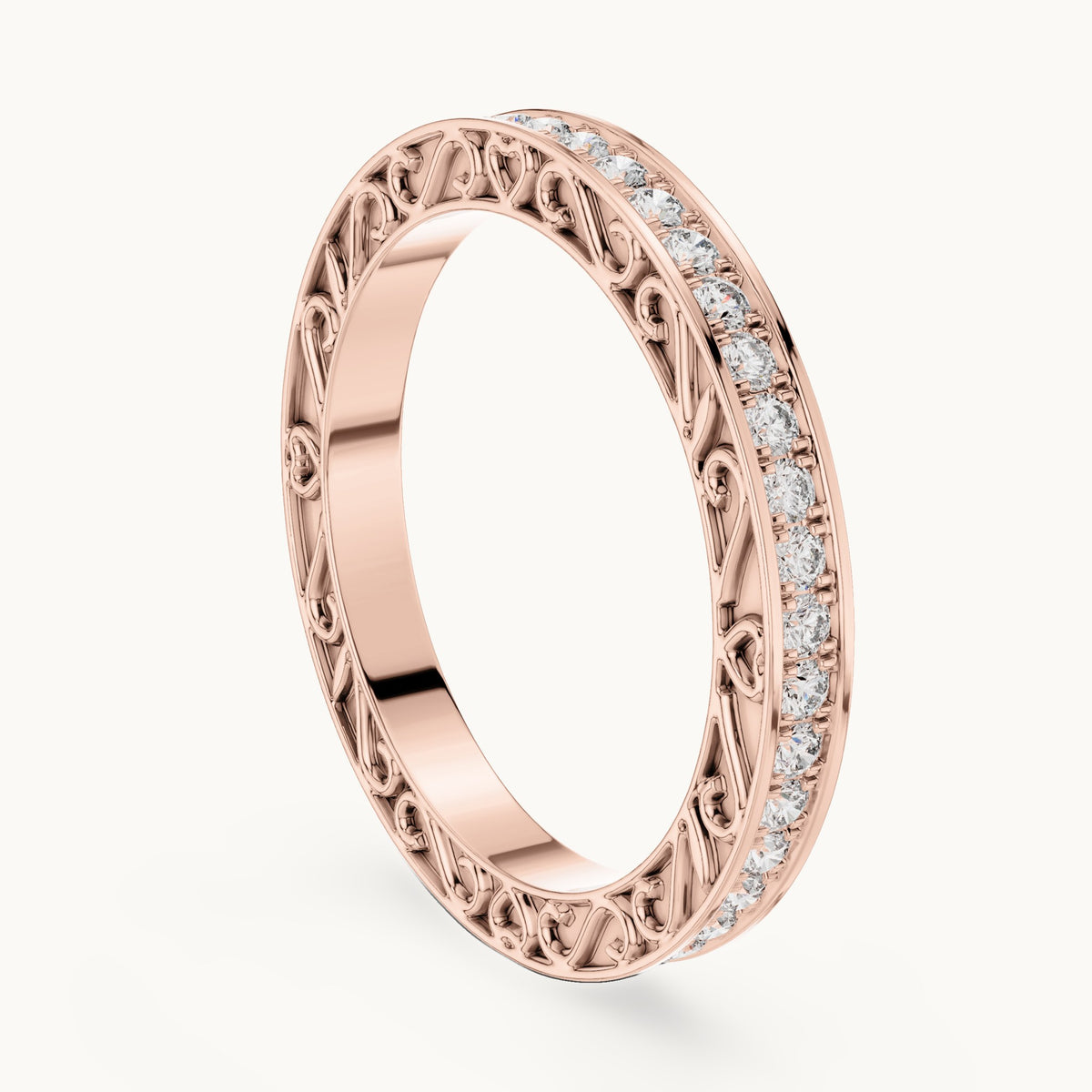 Round lab-grown diamond filigree pavé full eternity band in rose gold, 0.504 CT TW, view 1