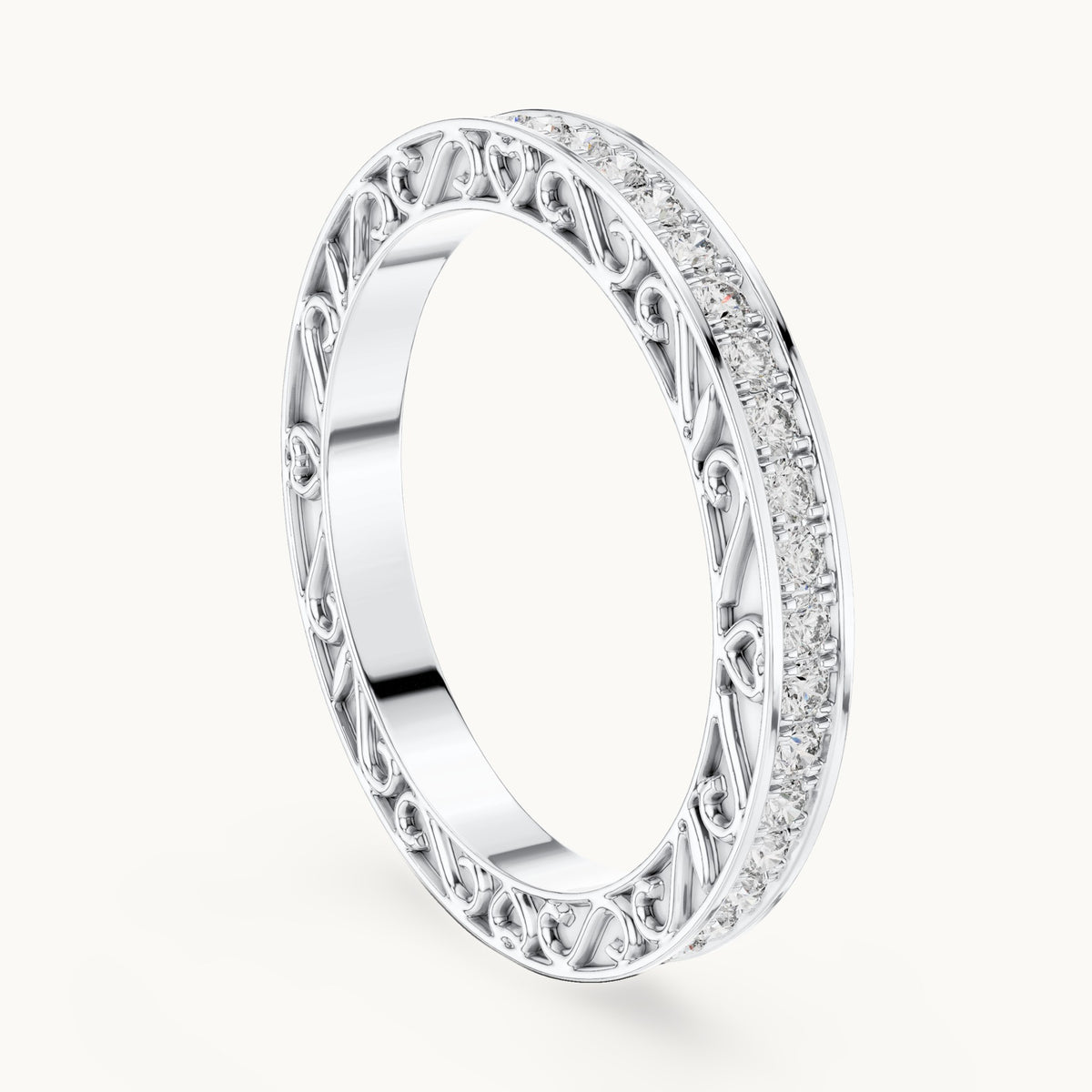 Round lab-grown diamond filigree pavé full eternity band in white gold, 0.504 CT TW, view 1