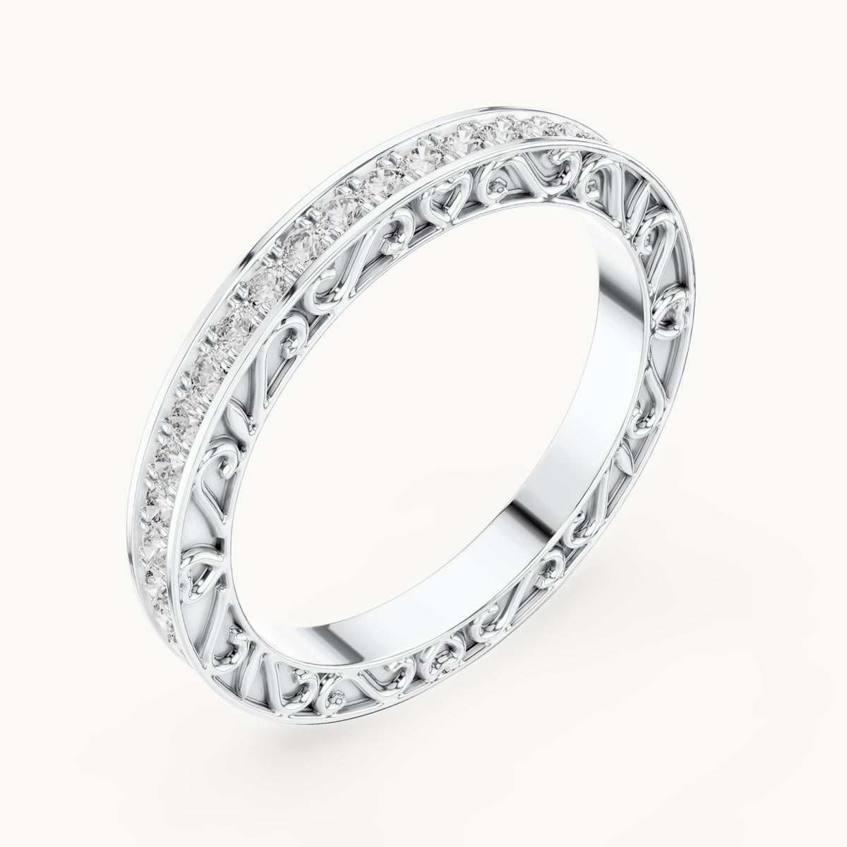 Round lab-grown diamond filigree pavé full eternity band in white gold, 0.504 CT TW, view 2
