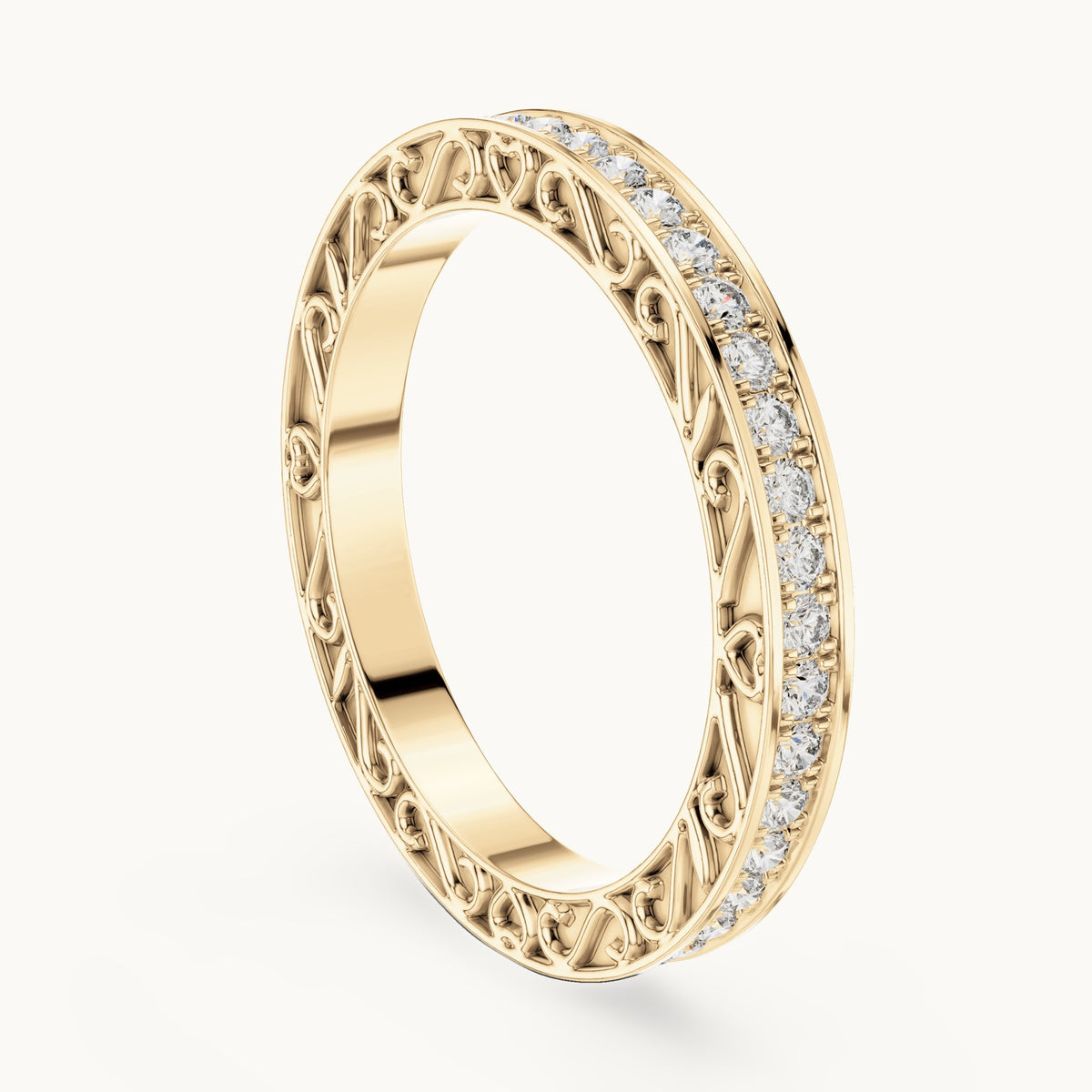 Round lab-grown diamond filigree pavé full eternity band in yellow gold, 0.504 CT TW, view 1