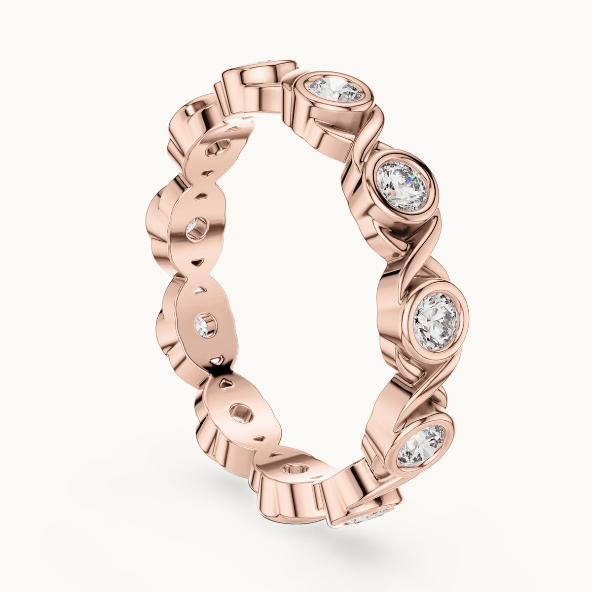 Round lab-grown diamond bezel infinity full eternity band in rose gold, 0.715 CT TW, view 1