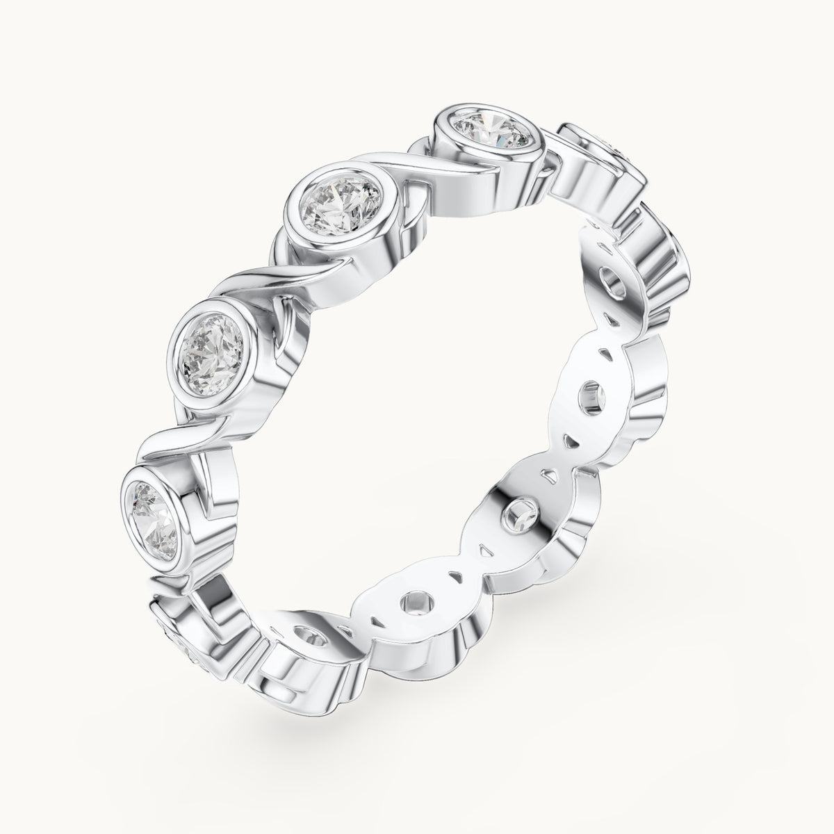Round lab-grown diamond bezel infinity full eternity band in white gold, 0.715 CT TW, view 2