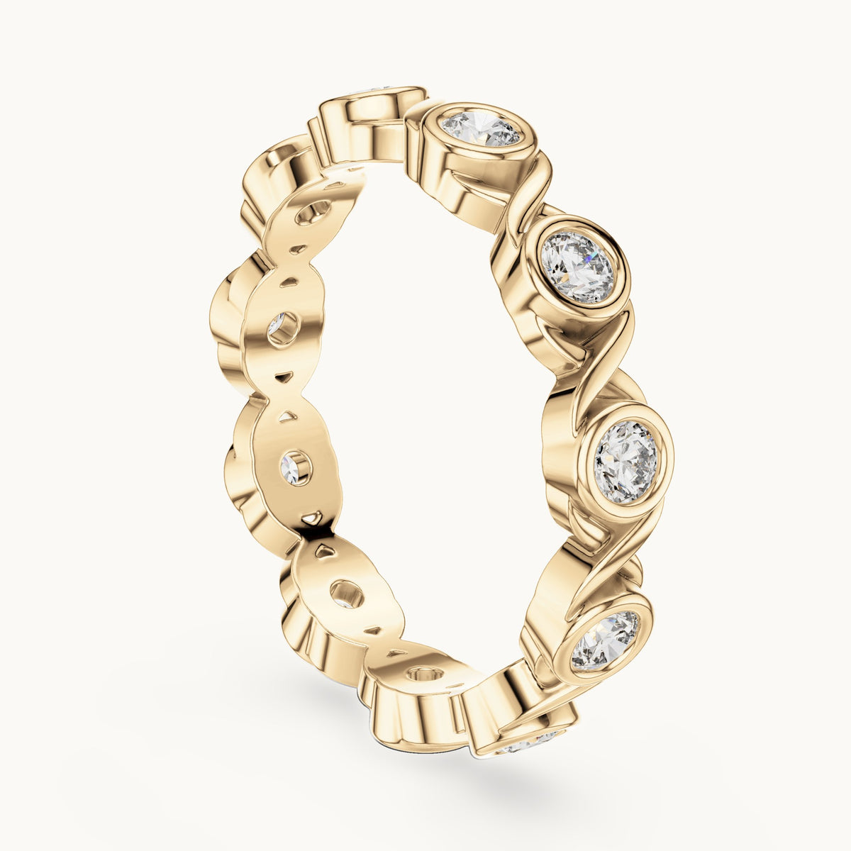 Round lab-grown diamond bezel infinity full eternity band in yellow gold, 0.715 CT TW, view 1