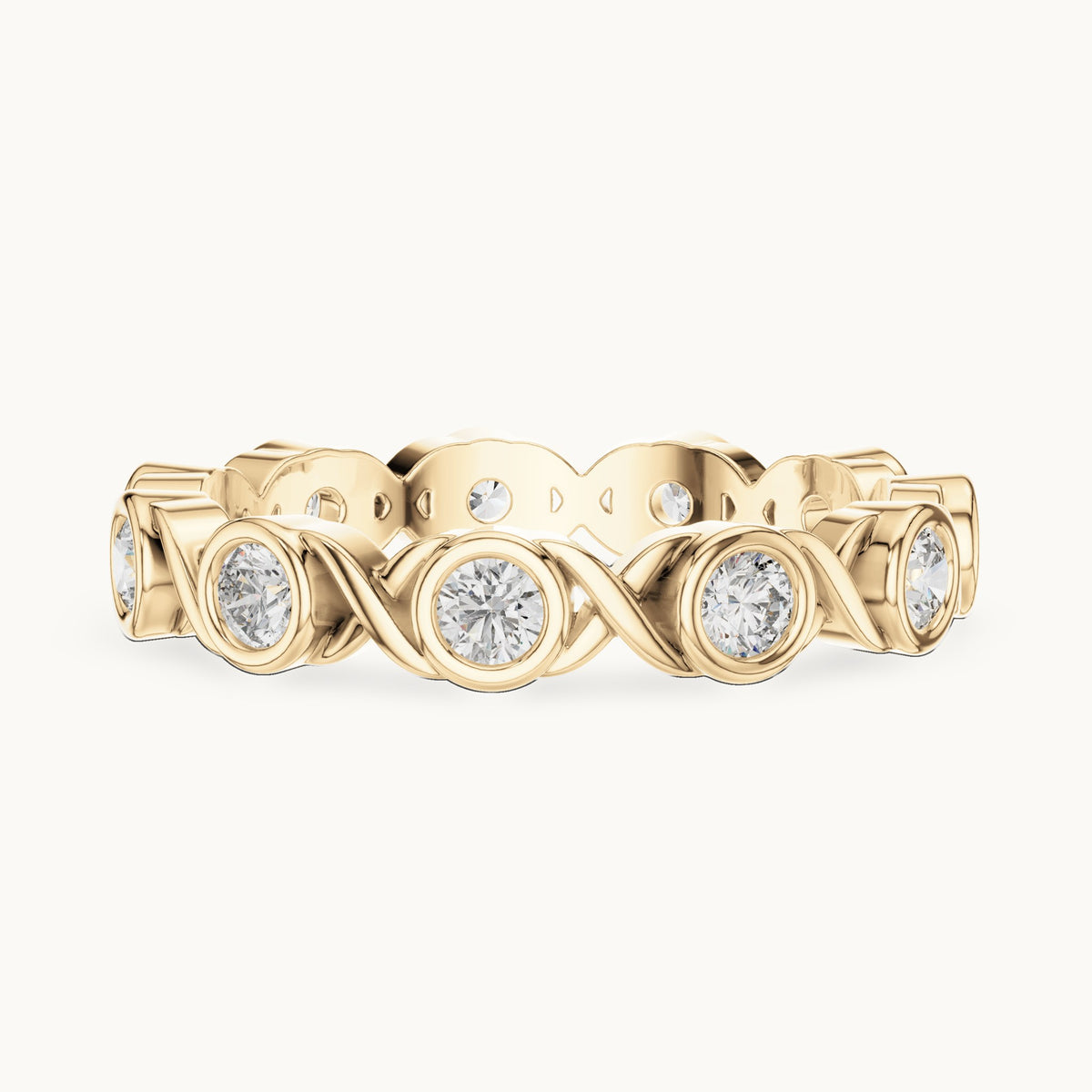 Round lab-grown diamond bezel infinity full eternity band in yellow gold, 0.715 CT TW, view 3