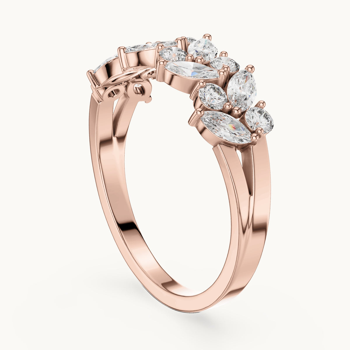 Marquise and round lab-grown diamond scattered marquise cluster ring in rose gold, 0.696 CT TW, view 1