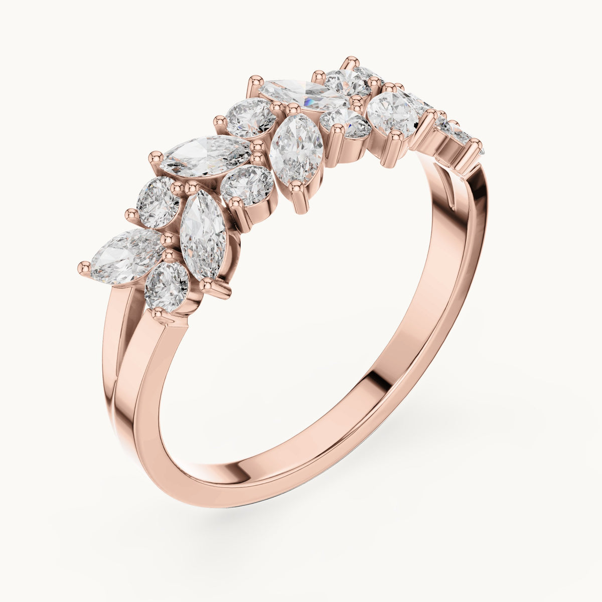 Marquise and round lab-grown diamond scattered marquise cluster ring in rose gold, 0.696 CT TW, view 2