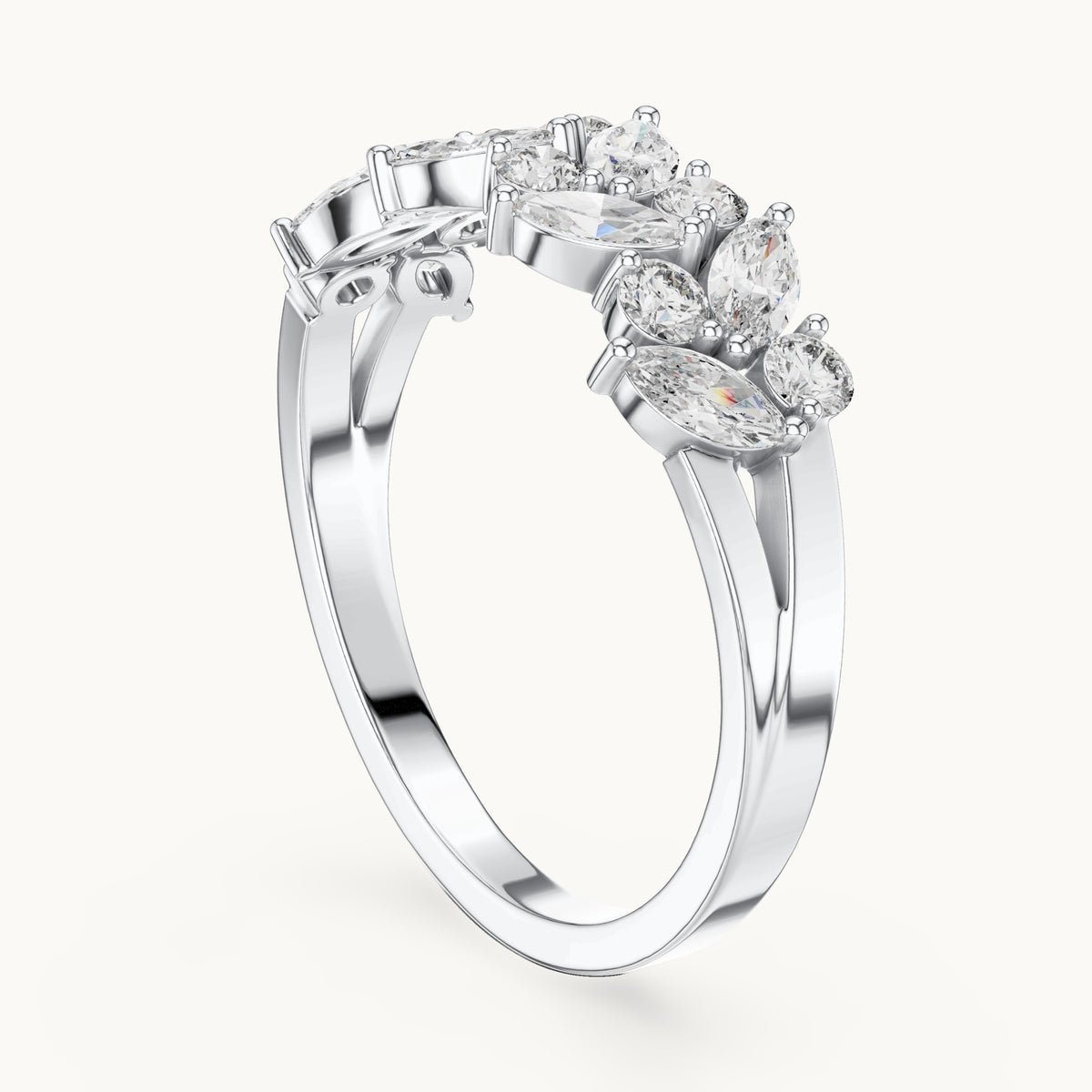 Marquise and round lab-grown diamond scattered marquise cluster ring in white gold, 0.696 CT TW, view 1