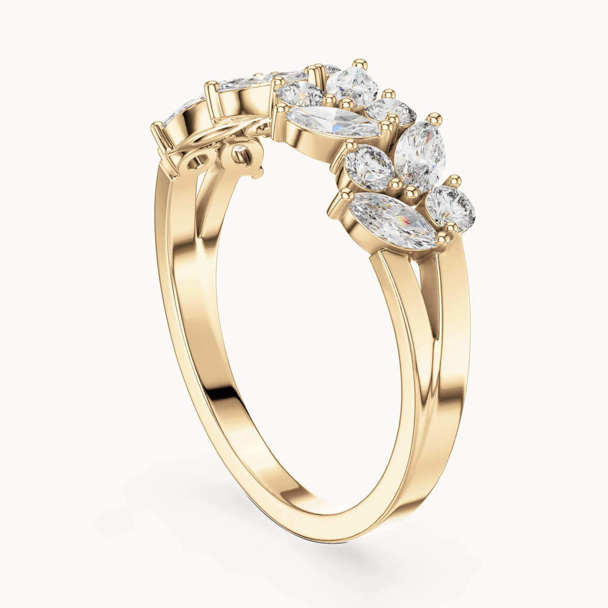 Marquise and round lab-grown diamond scattered marquise cluster ring in yellow gold, 0.696 CT TW, view 1