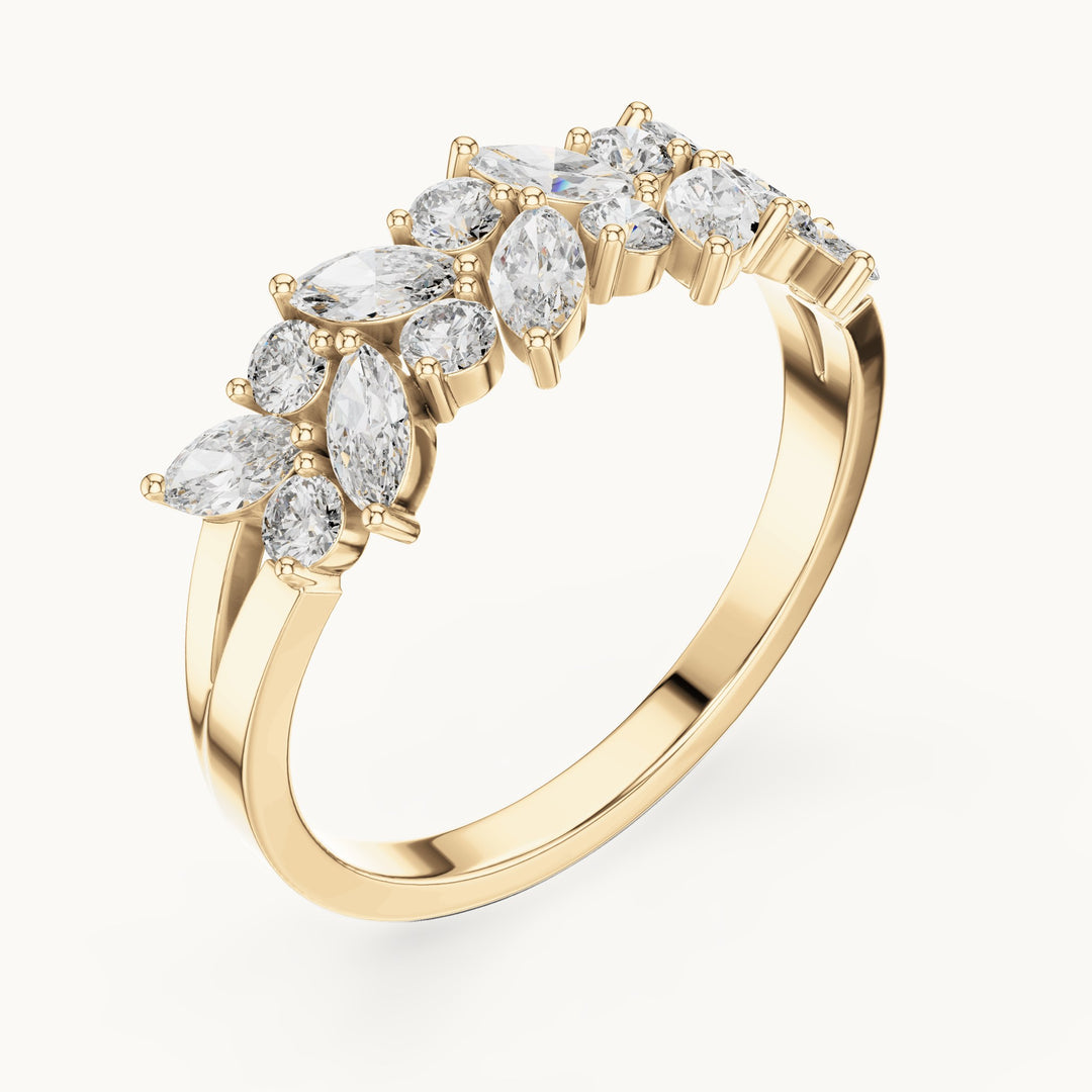 Marquise and round lab-grown diamond scattered marquise cluster ring in yellow gold, 0.696 CT TW, view 2