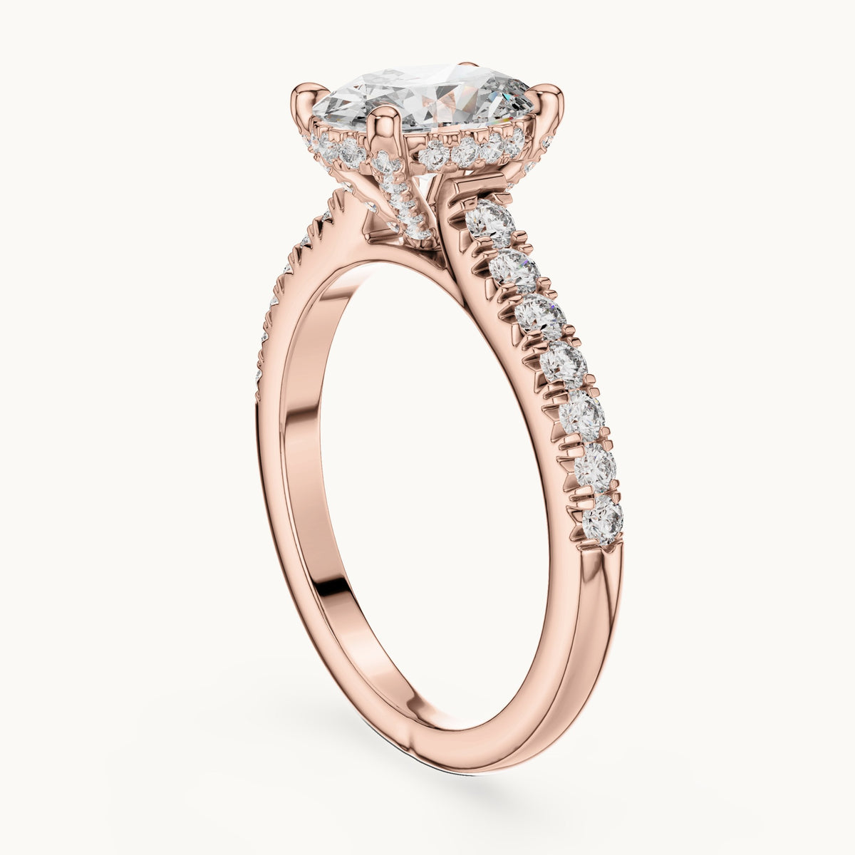 Oval and round lab-grown diamond pavé solitaire engagement ring in rose gold, 1.972 CT TW, view 1