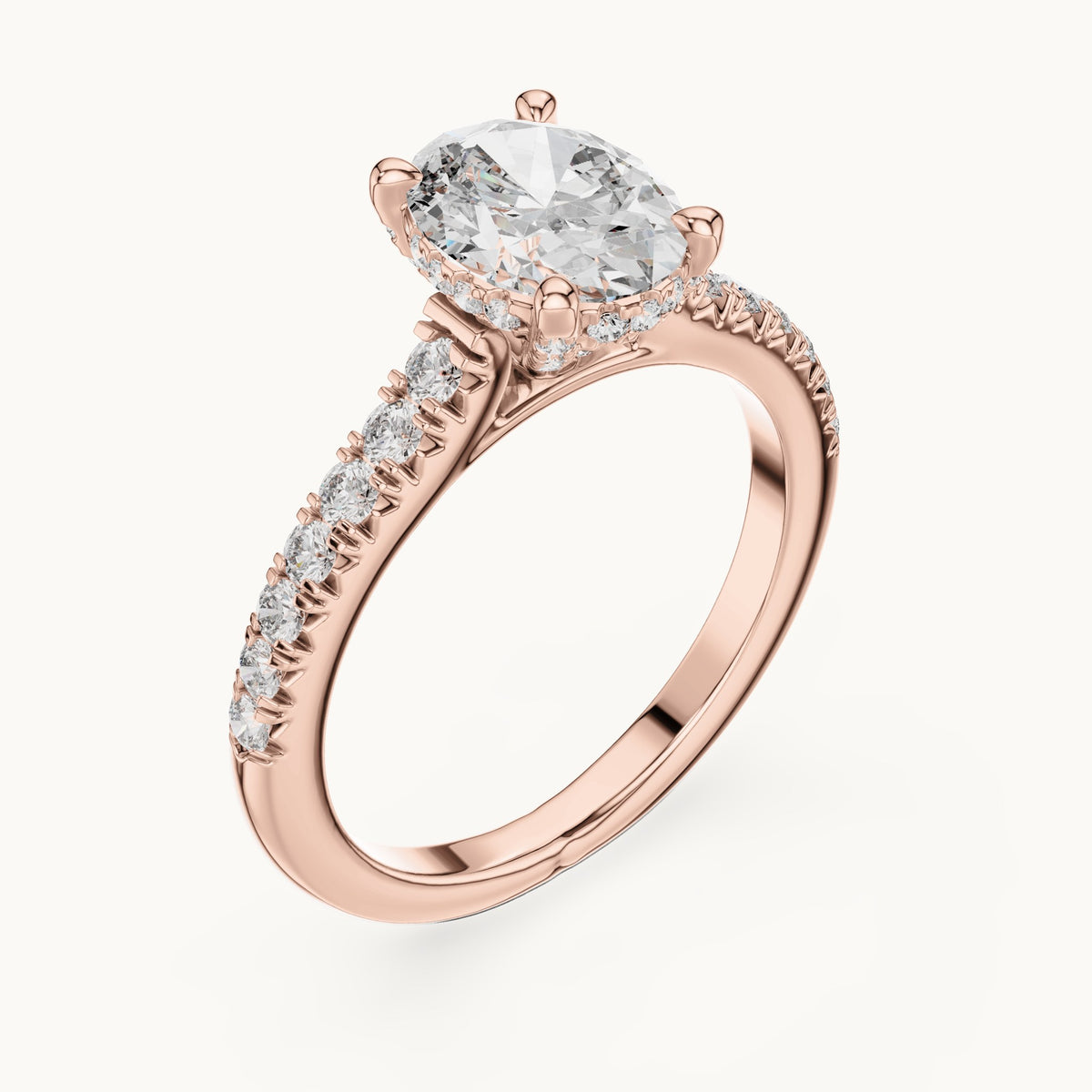 Oval and round lab-grown diamond pavé solitaire engagement ring in rose gold, 1.972 CT TW, view 2