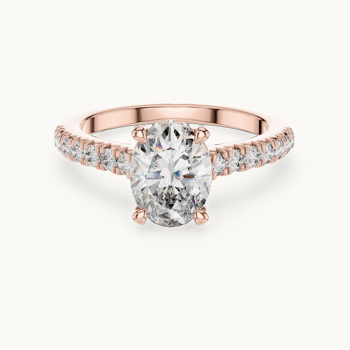 Oval and round lab-grown diamond pavé solitaire engagement ring in rose gold, 1.972 CT TW, view 4