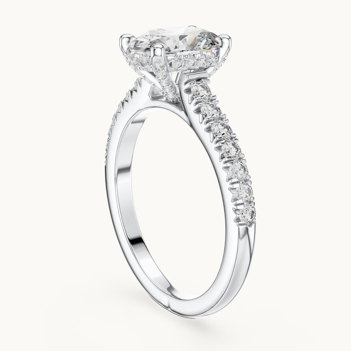 Oval and round lab-grown diamond pavé solitaire engagement ring in white gold, 1.972 CT TW, view 1