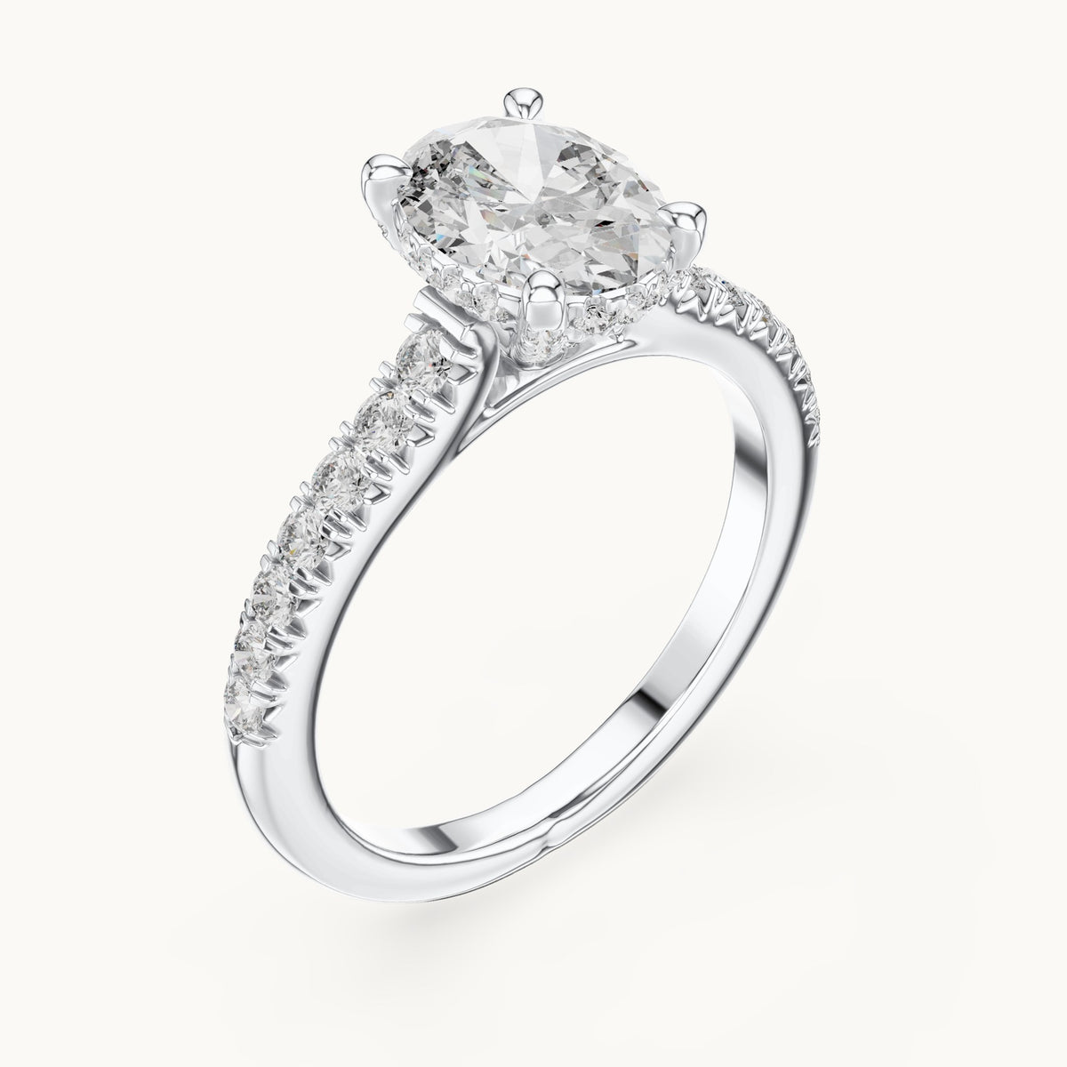 Oval and round lab-grown diamond pavé solitaire engagement ring in white gold, 1.972 CT TW, view 2