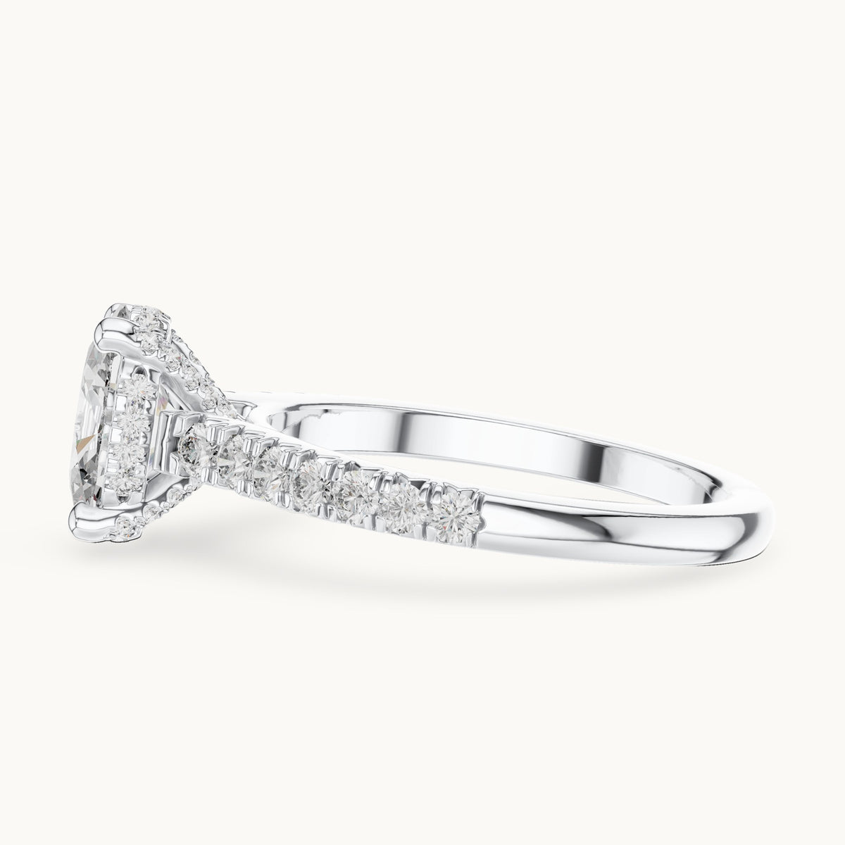 Oval and round lab-grown diamond pavé solitaire engagement ring in white gold, 1.972 CT TW, view 3