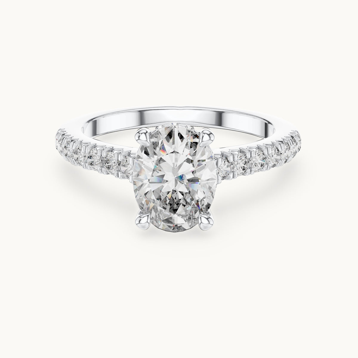 Oval and round lab-grown diamond pavé solitaire engagement ring in white gold, 1.972 CT TW, view 4