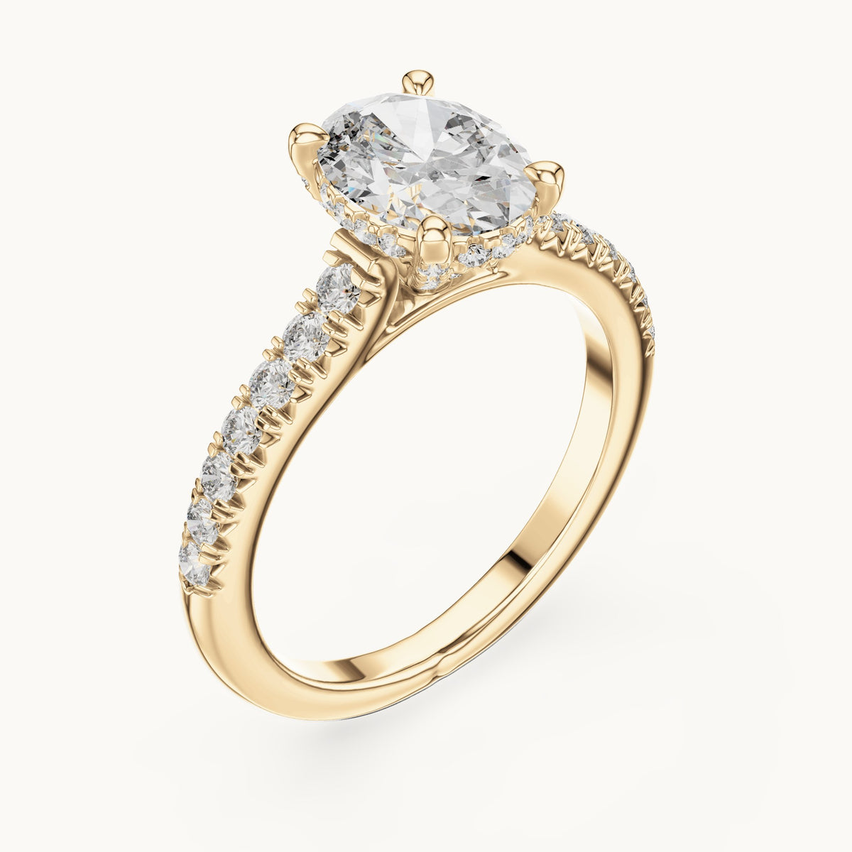 Oval and round lab-grown diamond pavé solitaire engagement ring in yellow gold, 1.972 CT TW, view 2